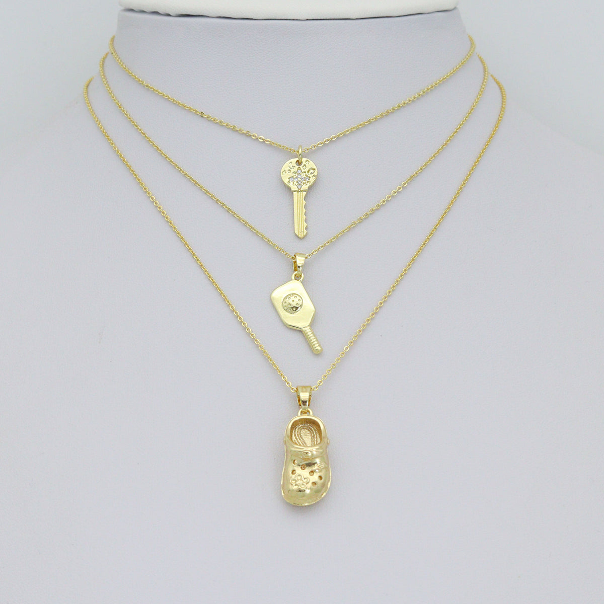 Clear CZ Gold Key Crocs Shoe pickleball racket Pendant charm , Sku#LX922