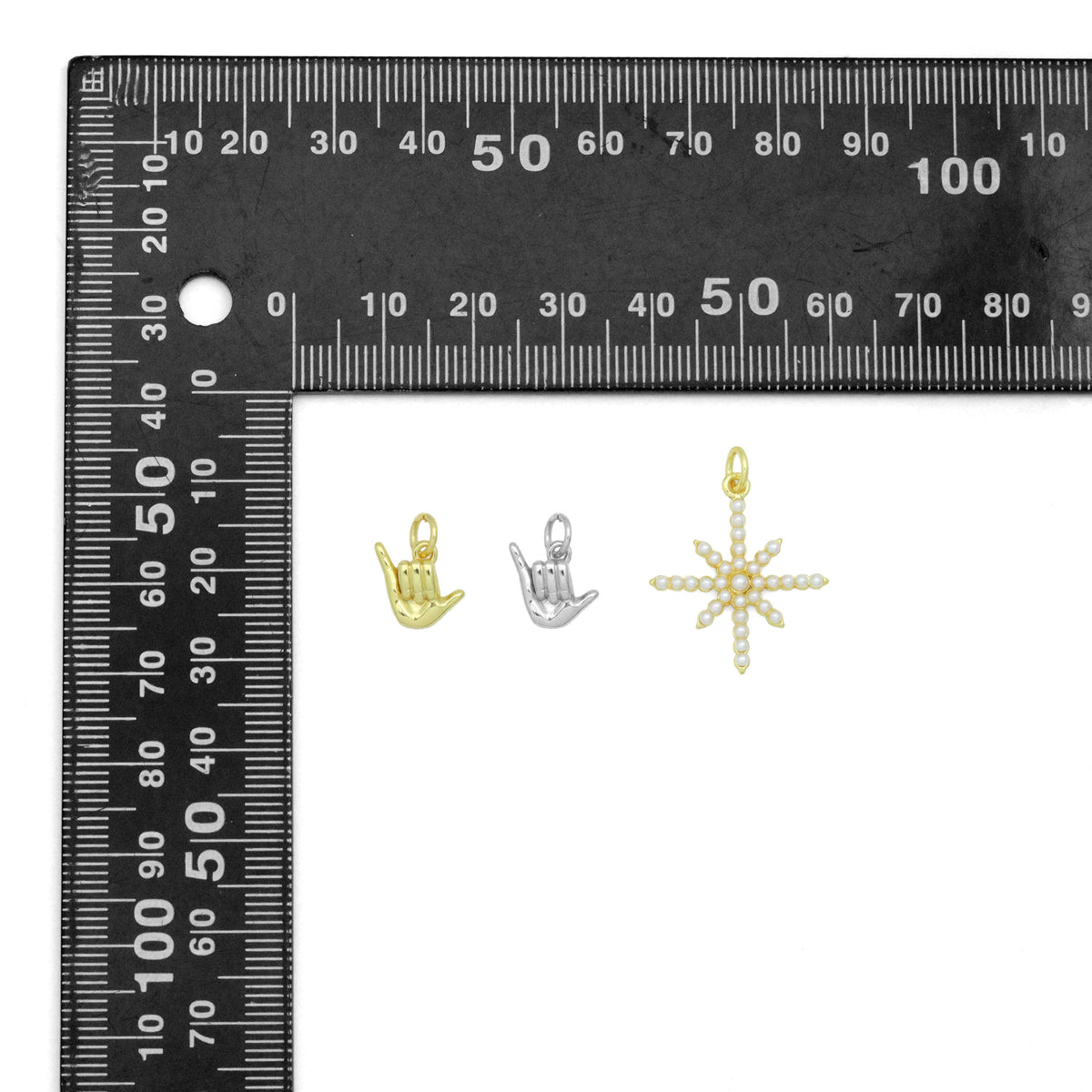 Gold Silver Shaka Hand Gesture Pearl North Star Pendant charm, Sku#A511