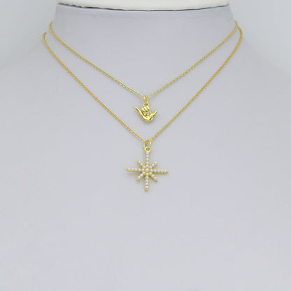 Gold Silver Shaka Hand Gesture Pearl North Star Pendant charm, Sku#A511