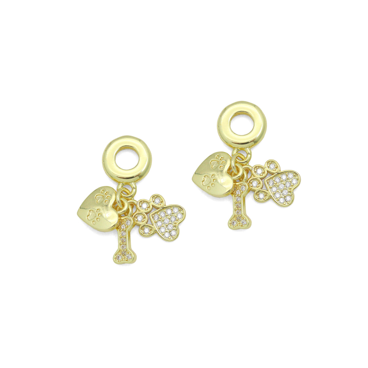 Clear CZ Gold Heart Paw Dog Bone Pendant Large Hole charm, Sku#LD774