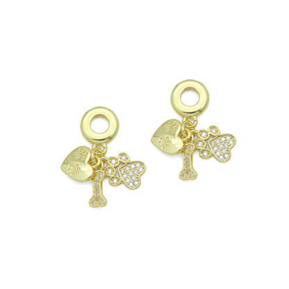 Clear CZ Gold Heart Paw Dog Bone Pendant Large Hole charm, Sku#LD774
