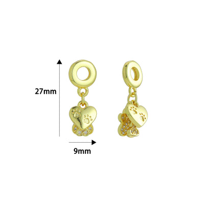 Clear CZ Gold Heart Paw Dog Bone Pendant Large Hole charm, Sku#LD774
