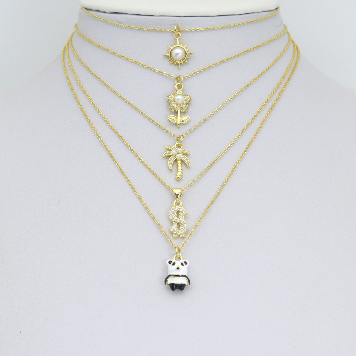 Clear CZ White Pearl Palm Tree, Gold Flower Panda Sun pearl Dollar sign Charm Pendant, Sku#LD775