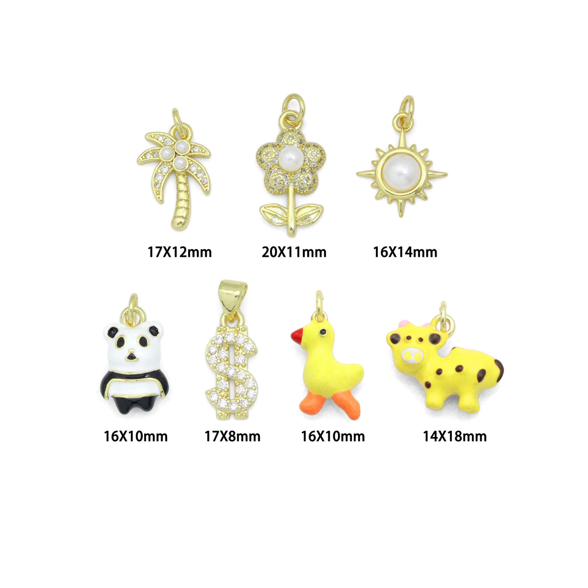 Clear CZ White Pearl Palm Tree, Gold Flower Panda Sun pearl Dollar sign Charm Pendant, Sku#LD775