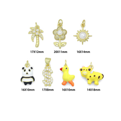 Clear CZ White Pearl Palm Tree, Gold Flower Panda Sun pearl Dollar sign Charm Pendant, Sku#LD775