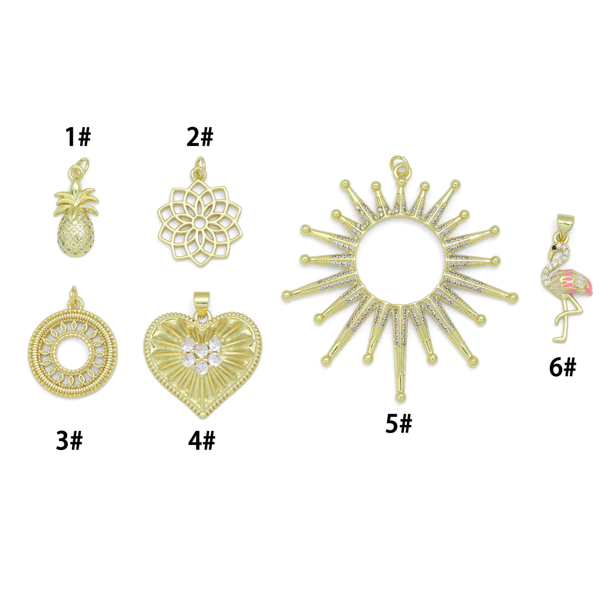 Pineapple Flower Filigree Circle Radical Heart Sunburst Flamingo charm, Sku#LK1270