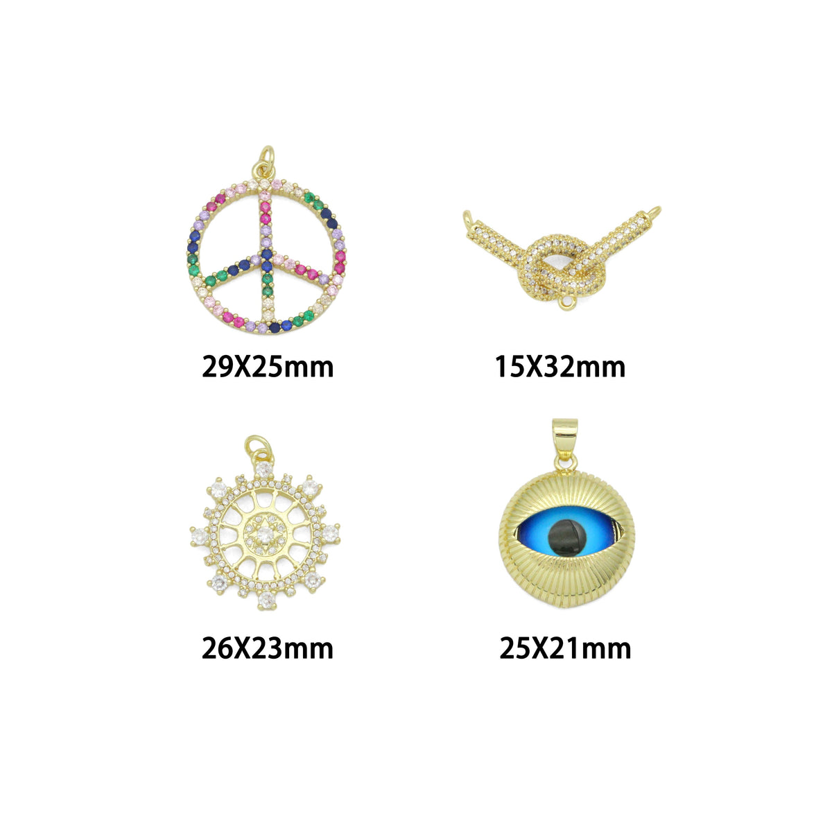 Colorful CZ Peace Sign Evil Eye Knot Connector Diamond Wheel Pendant charm, Sku#LK1280