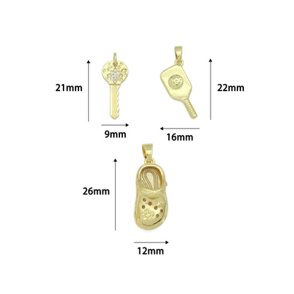 Clear CZ Gold Key Crocs Shoe pickleball racket Pendant charm , Sku#LX922