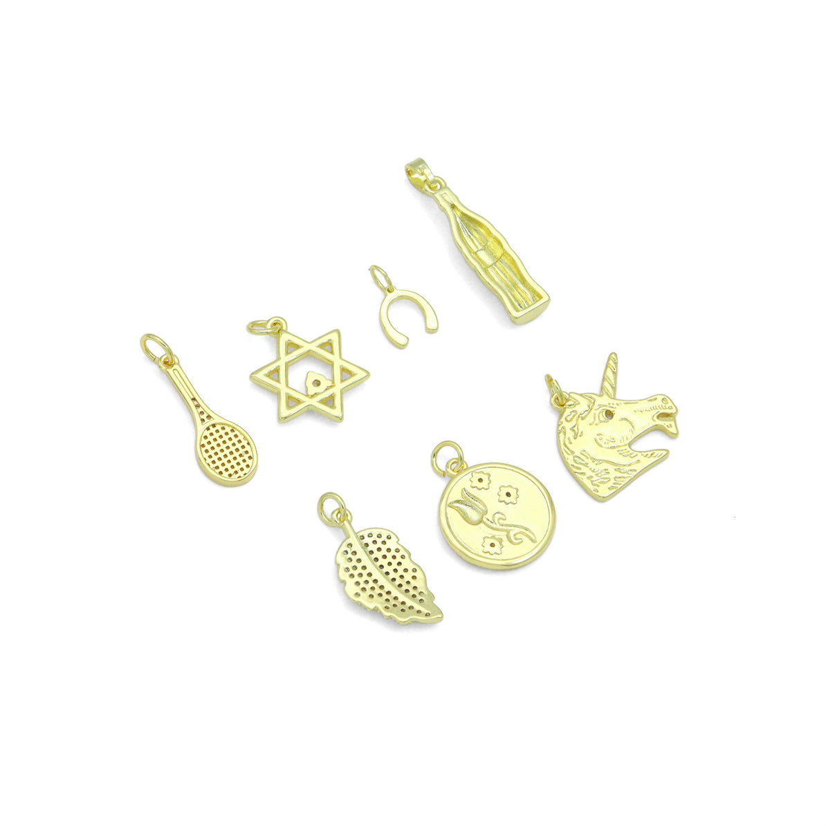 Clear CZ Tennis Racket, Star of David, Horse Shoe, Soda bottle, Gold Leaf, Rose Coin, Unicorn Charm Pendant, Sku#LX942