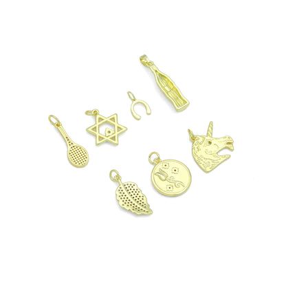 Clear CZ Tennis Racket, Star of David, Horse Shoe, Soda bottle, Gold Leaf, Rose Coin, Unicorn Charm Pendant, Sku#LX942