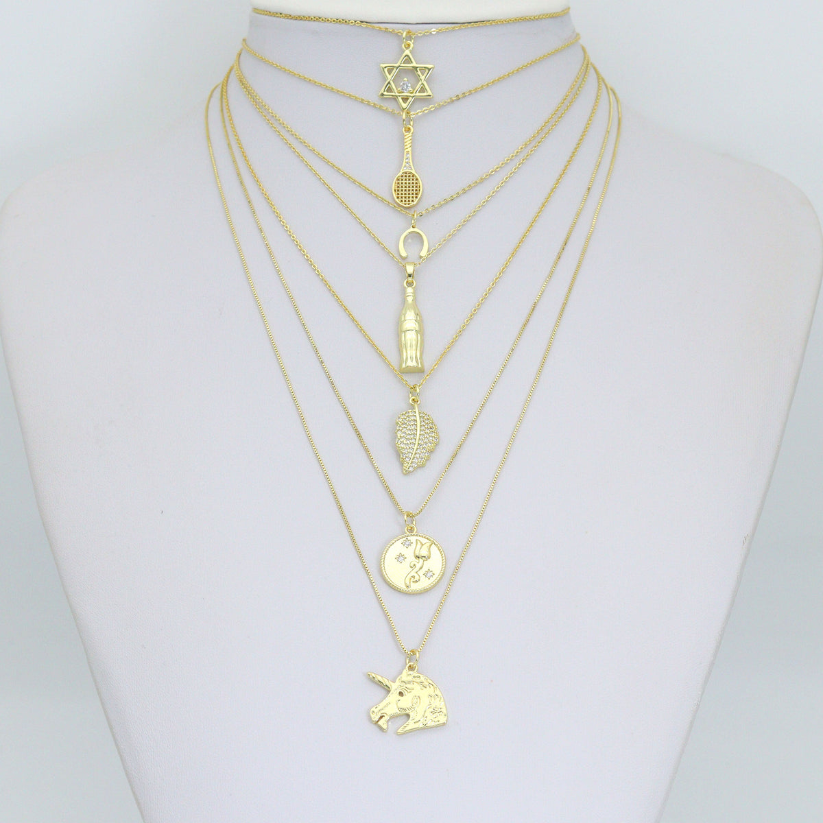 Clear CZ Tennis Racket, Star of David, Horse Shoe, Soda bottle, Gold Leaf, Rose Coin, Unicorn Charm Pendant, Sku#LX942