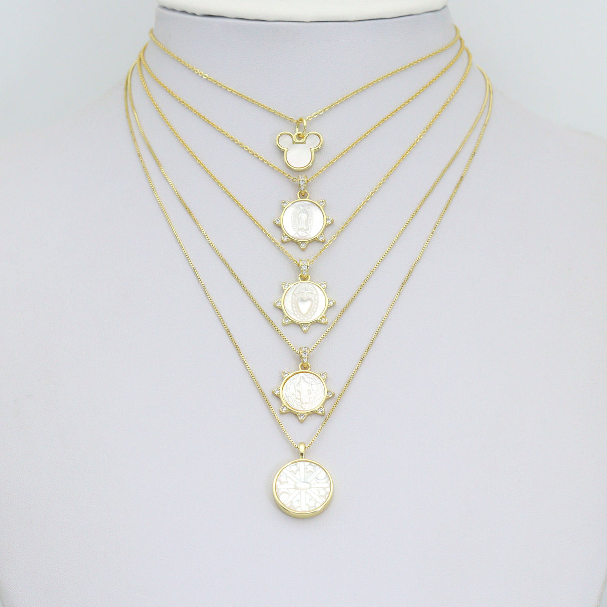 Gold Mother of Pearl Pendant Collection – Mouse Snowflake & Religious Designs, Sku#LX957