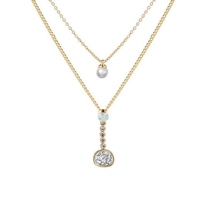 Layered Necklace with Druzy Stone and Cubic Zirconia Pendant