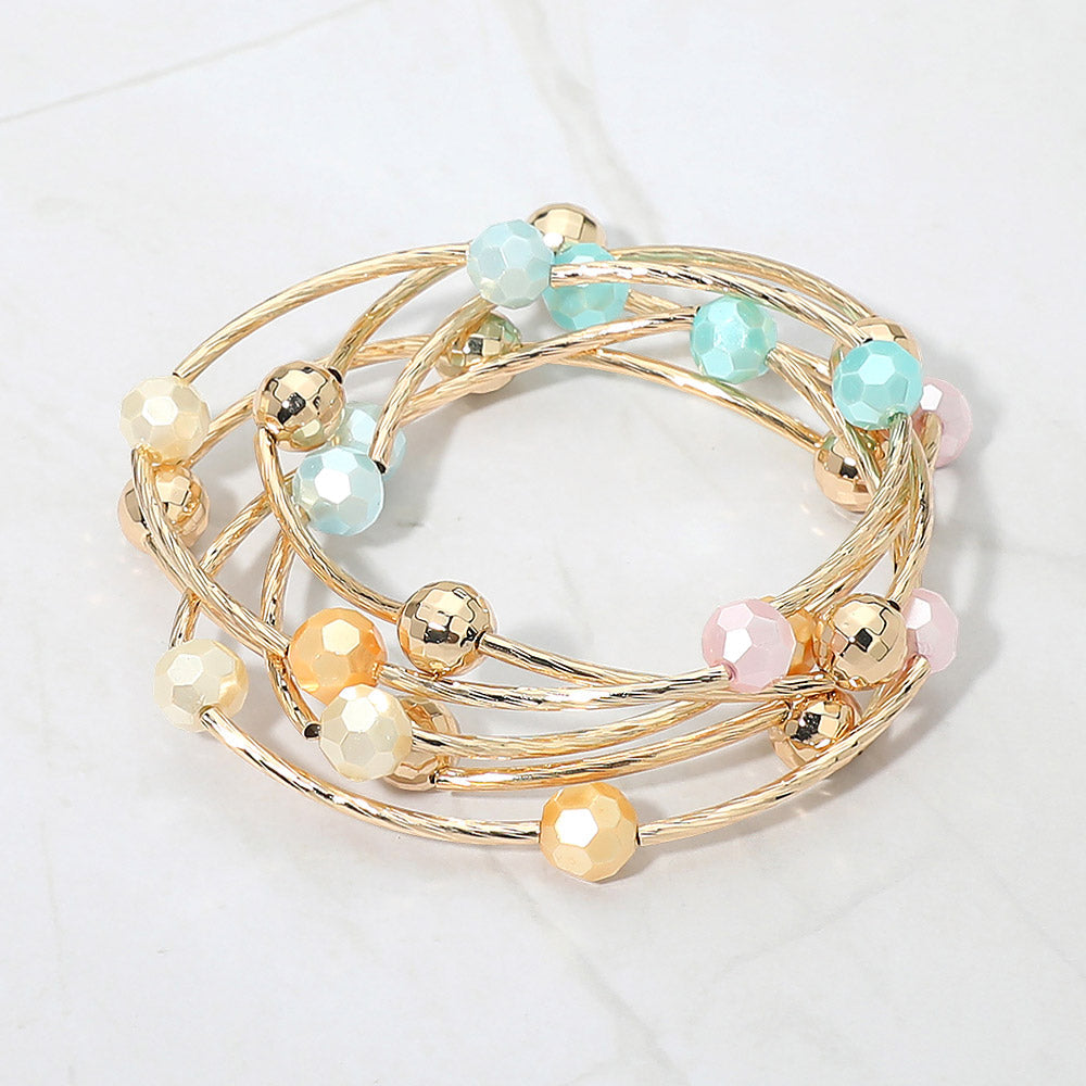 5PCS - Ball Metal Bar Beaded Stretch Multi Layered Bracelets