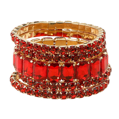 Women's 5Pcs Rectangle Round Stone Stretch Multi Layered Bracelets