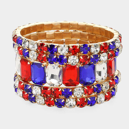 Women's 5Pcs Rectangle Round Stone Stretch Multi Layered Bracelets