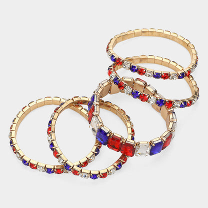 Women's 5Pcs Rectangle Round Stone Stretch Multi Layered Bracelets