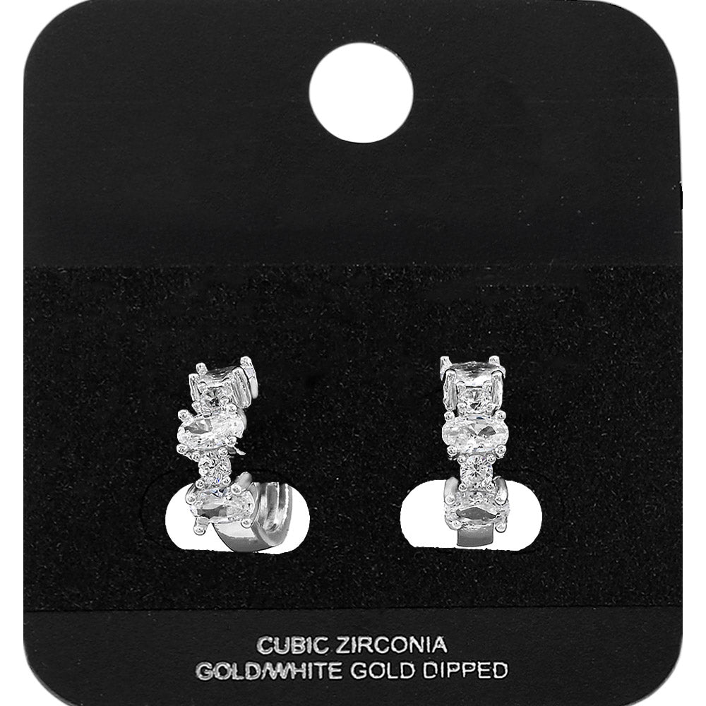 White Gold Dipped Oval Round CZ Cluster Around Mini Open Hoop Earrings