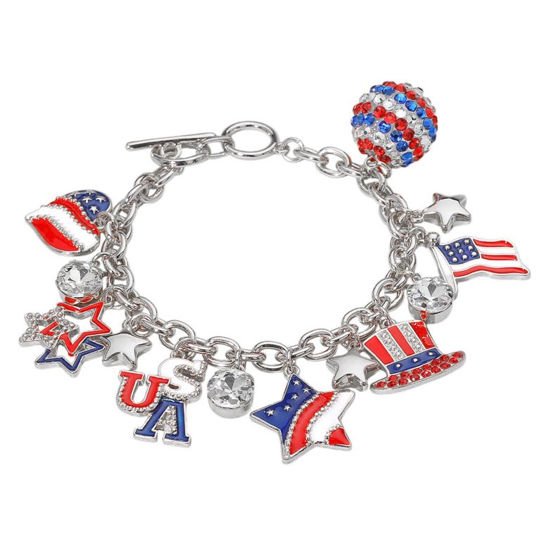 Women's Enamel Stone Paved American USA Flag Message Shamballa Ball Charm Embellished Toggle Bracelet 4th of July