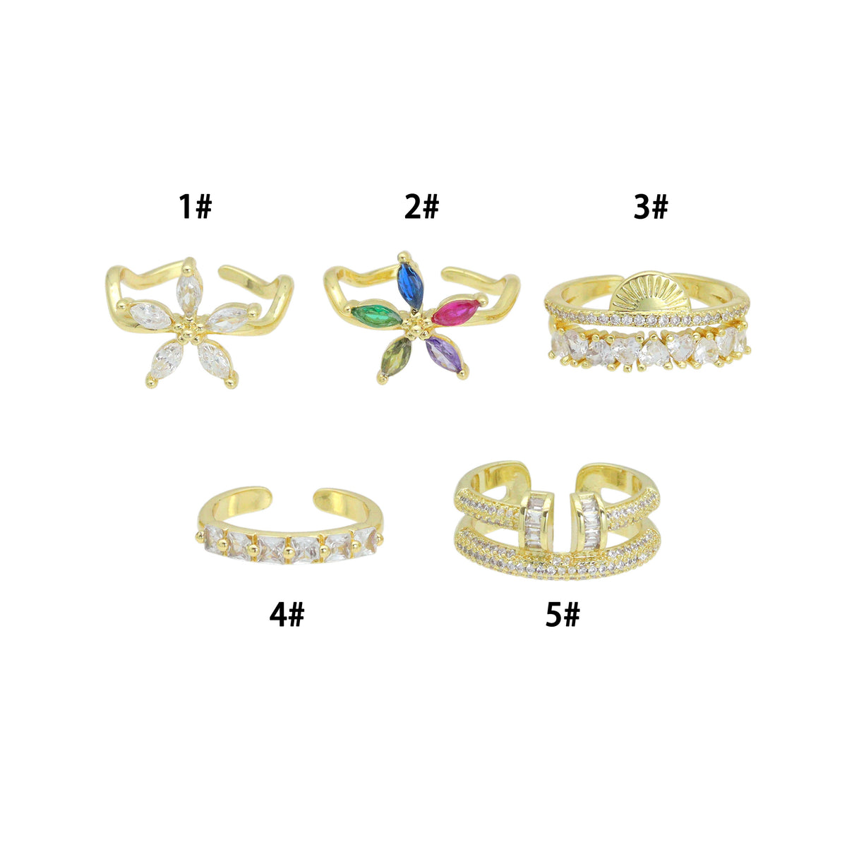 CZ Flower Heart Sun Nail baguette cz Adjustable Ring, Sku#O131