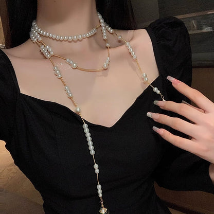Light Luxury Imitation Pearl Tassel Starry Compass Saturn Necklace Hausofjb