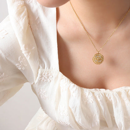 Round Zircon Inlaid Constellation Dial Hour Necklace In Titanium Steel Hausofjb