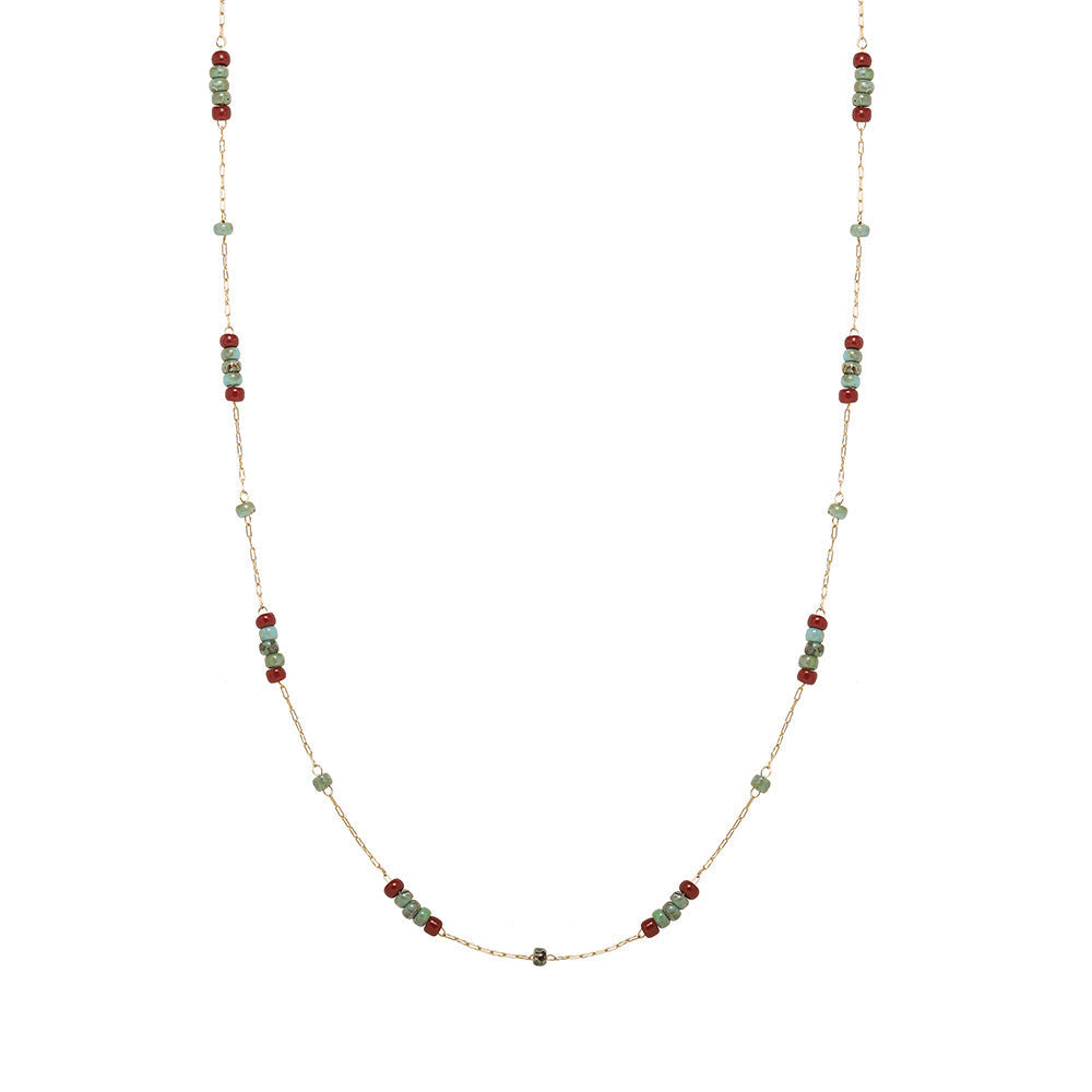 Women's Retro Turquoise Glass And Wine Red Beaded Necklace Titanium Steel Hausofjb