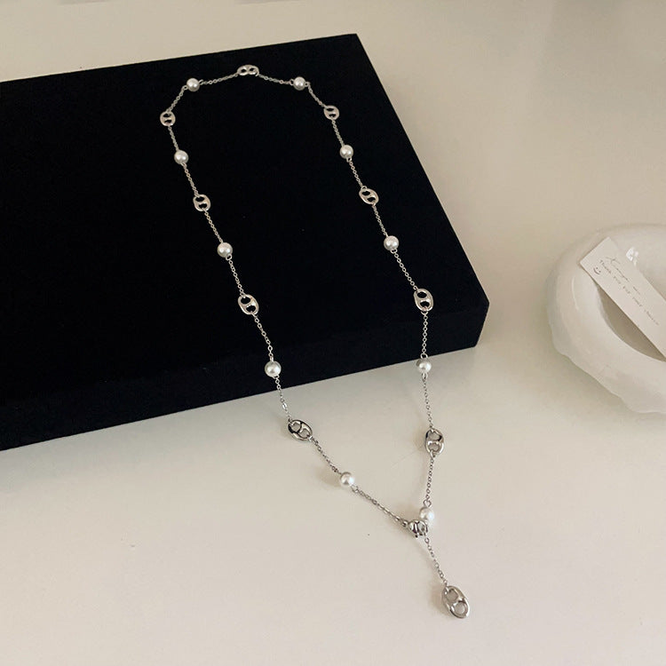 Womens Metal Pearl Design Necklace Niche Retro Minimalist Jewelry Hausofjb