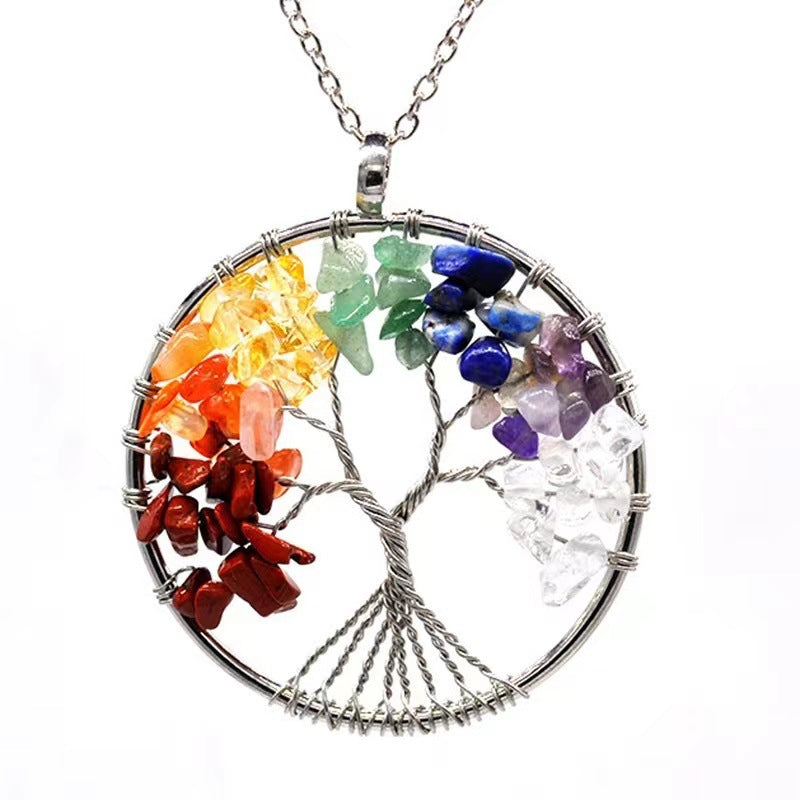 Lucky Tree Colorful Natural Crystal Stone Korean Style Necklace Silver Chain Hausofjb