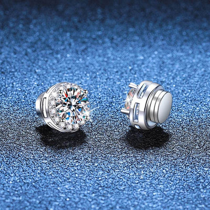 S925 Magnetic Moissanite / CZ Round Halo Stud Earrings for Men Women, 1ct 6.5mm Round Cut, Inlaid Magnetic Earrings Non-Piercing Clip On Stud Earring