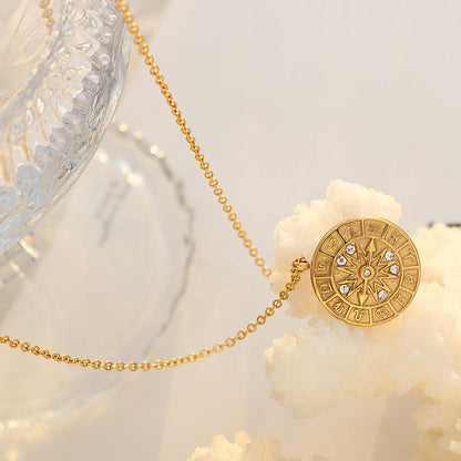 Round Zircon Inlaid Constellation Dial Hour Necklace In Titanium Steel Hausofjb