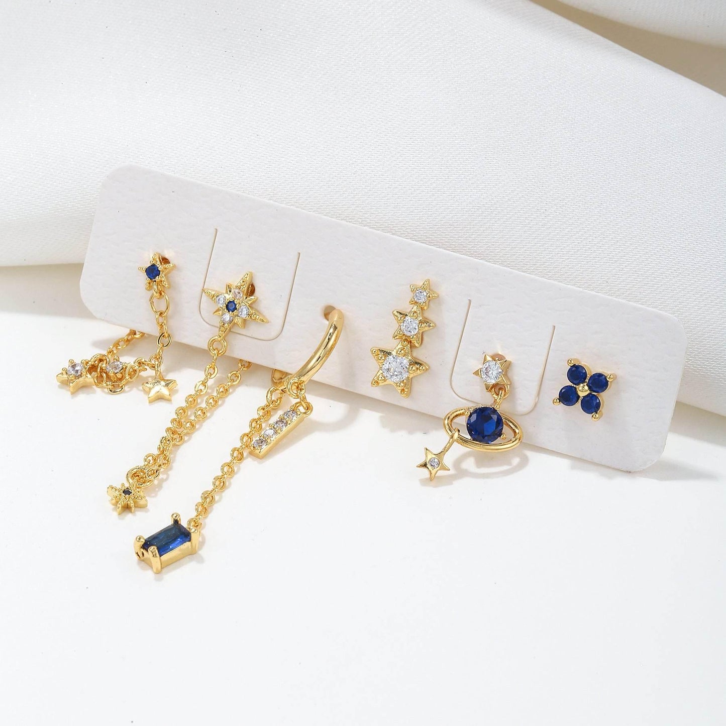 Stacking 6 Pieces Planet and Long Tassel Earring Set with Micro-Pavé Dazzling Zircons, 18k Gold Plated Ear Studs & Ear Drops, Stacked Lobe Design