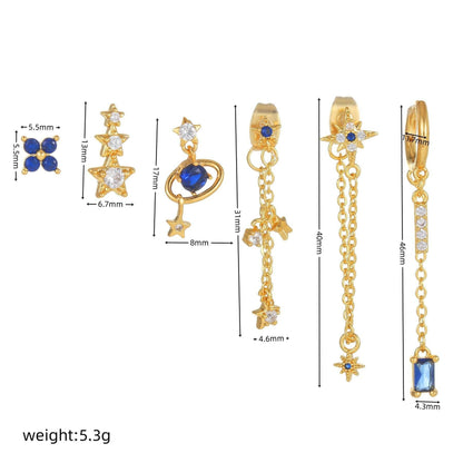 Stacking 6 Pieces Planet and Long Tassel Earring Set with Micro-Pavé Dazzling Zircons, 18k Gold Plated Ear Studs & Ear Drops, Stacked Lobe Design