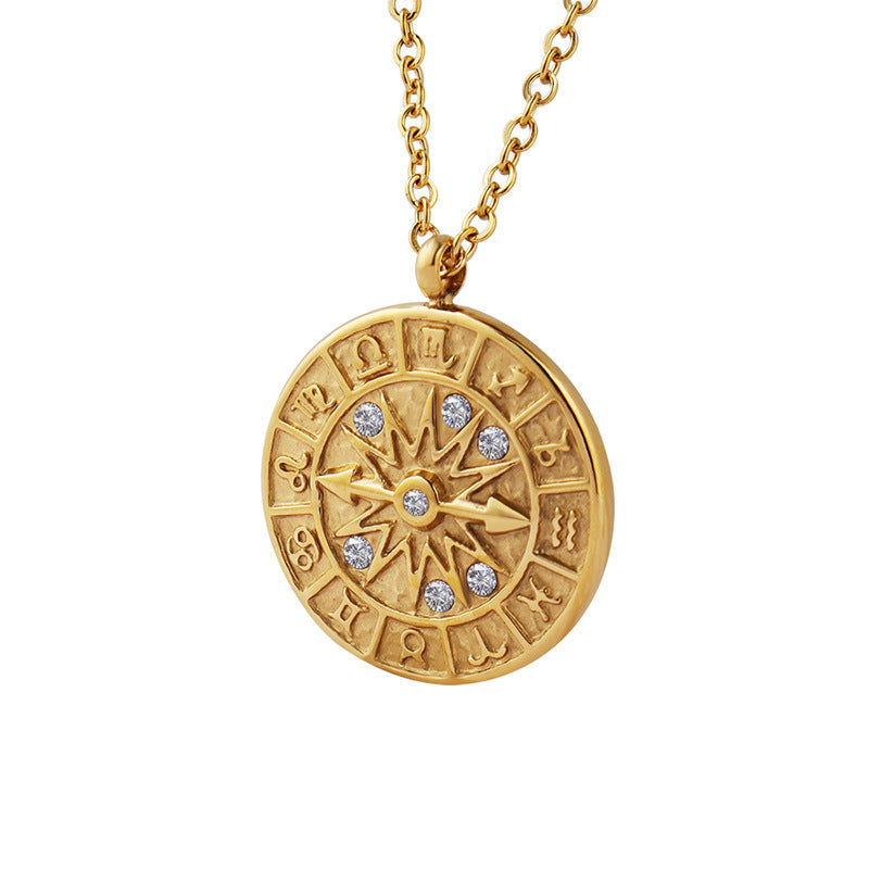 Round Zircon Inlaid Constellation Dial Hour Necklace In Titanium Steel Hausofjb