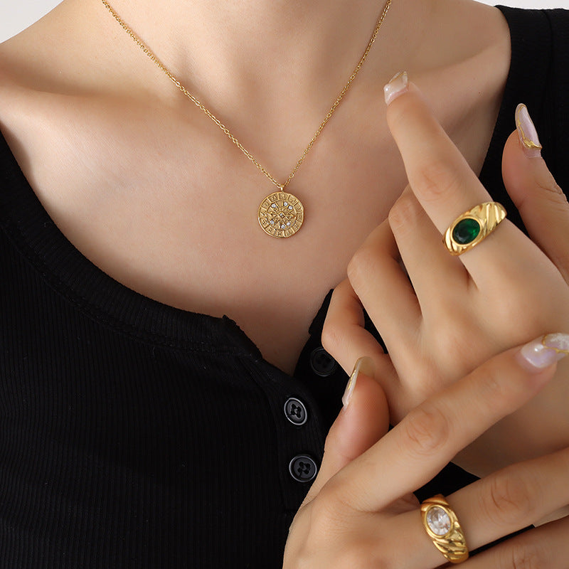 Round Zircon Inlaid Constellation Dial Hour Necklace In Titanium Steel Hausofjb
