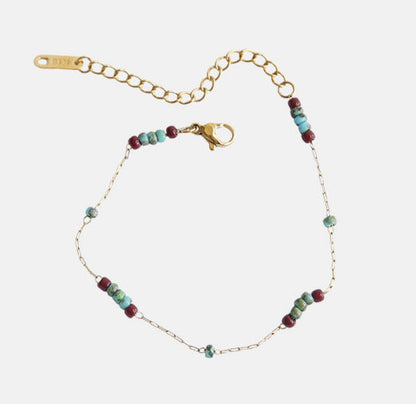 Women's Retro Turquoise Glass And Wine Red Beaded Necklace Titanium Steel Hausofjb