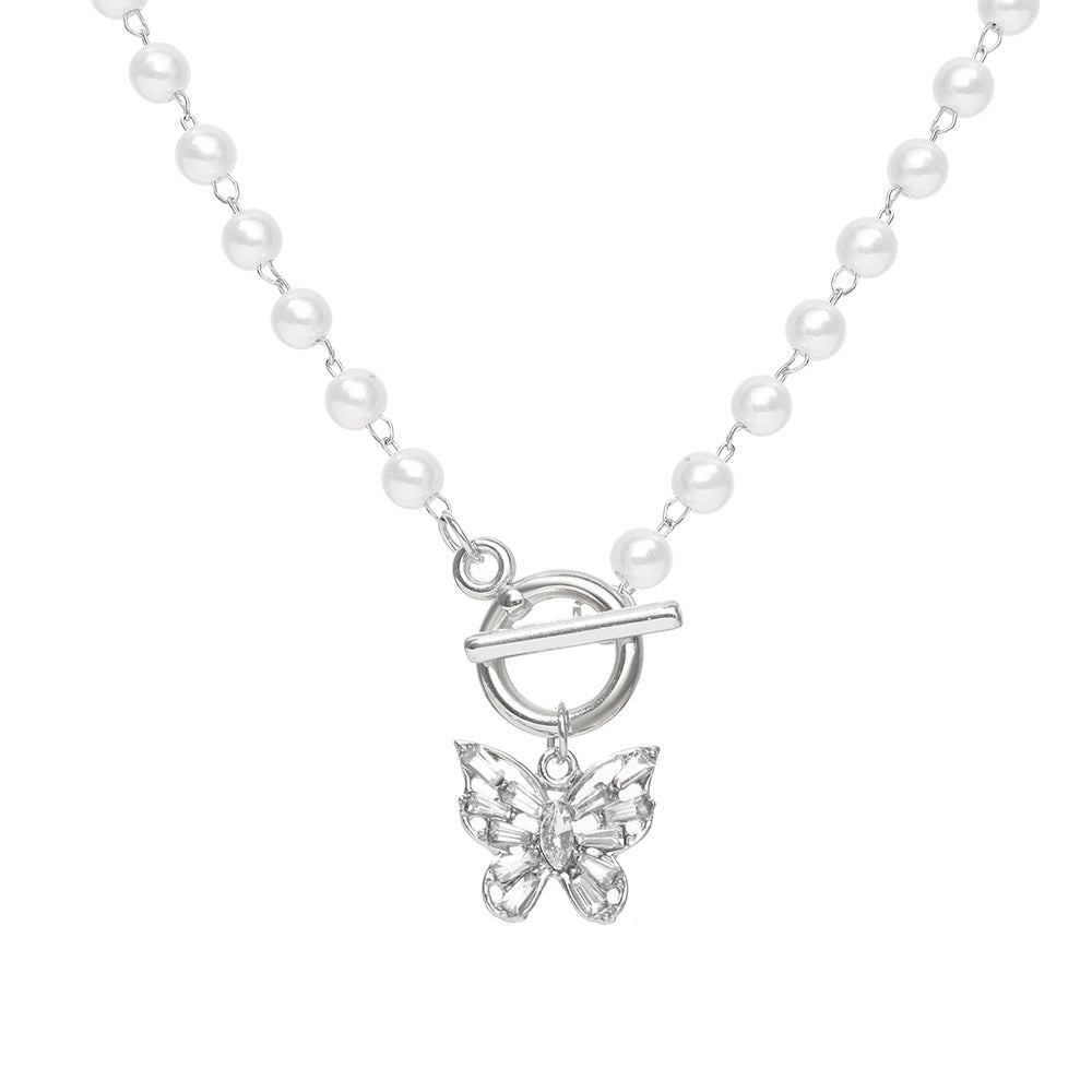 Alloy Butterfly Rhinestone Pearl Clavicle Chain Necklace Europe Style Hausofjb