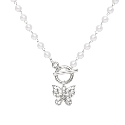 Alloy Butterfly Rhinestone Pearl Clavicle Chain Necklace Europe Style Hausofjb