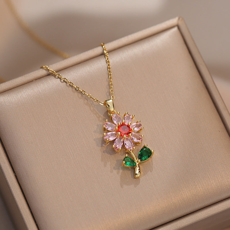 Women Zircon Flower Necklace Titanium Steel Elegant Luxury Design Hausofjb