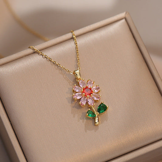 Women Zircon Flower Necklace Titanium Steel Elegant Luxury Design Hausofjb