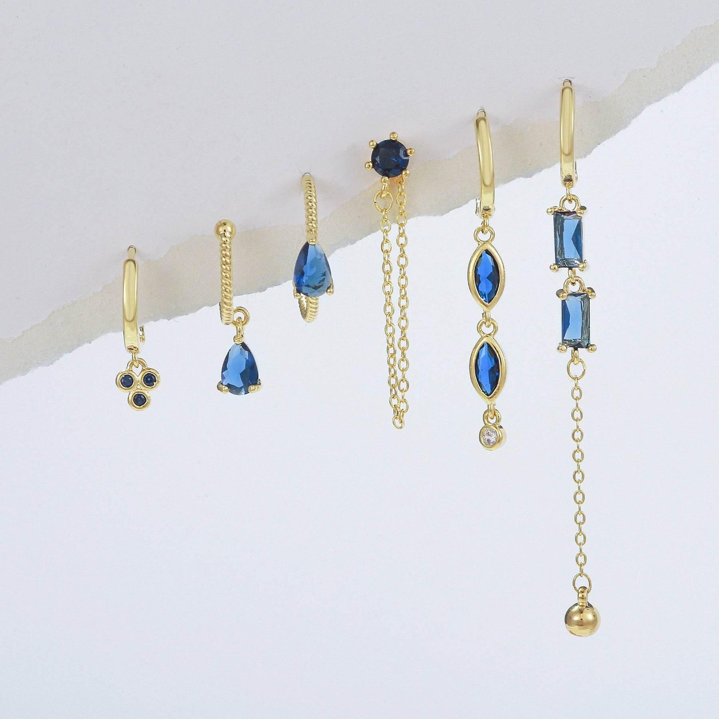 Stacking 6 Pieces Long Tassel Vintage Earring Set with Micro-Pavé Dazzling Blue Zircons, 18k Gold Plated Ear Studs & Ear Drops, S925 Needle, Stacked Lobe Designs with Dazzling Zirconia