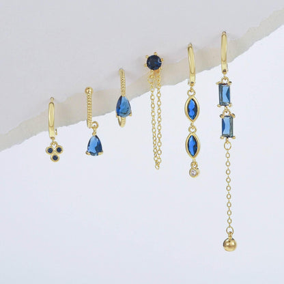 Stacking 6 Pieces Long Tassel Vintage Earring Set with Micro-Pavé Dazzling Blue Zircons, 18k Gold Plated Ear Studs & Ear Drops, S925 Needle, Stacked Lobe Designs with Dazzling Zirconia
