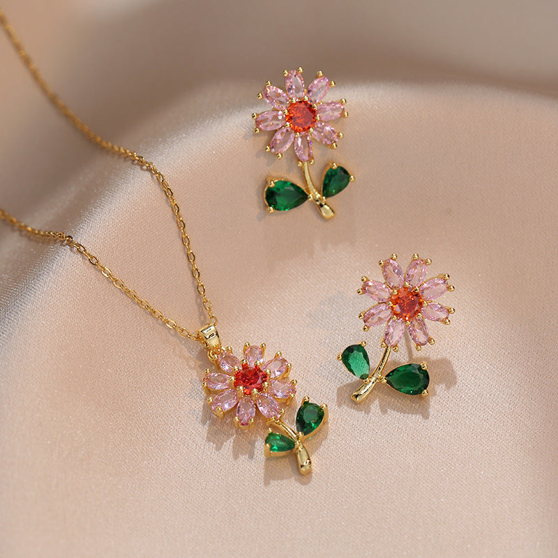 Women Zircon Flower Necklace Titanium Steel Elegant Luxury Design Hausofjb