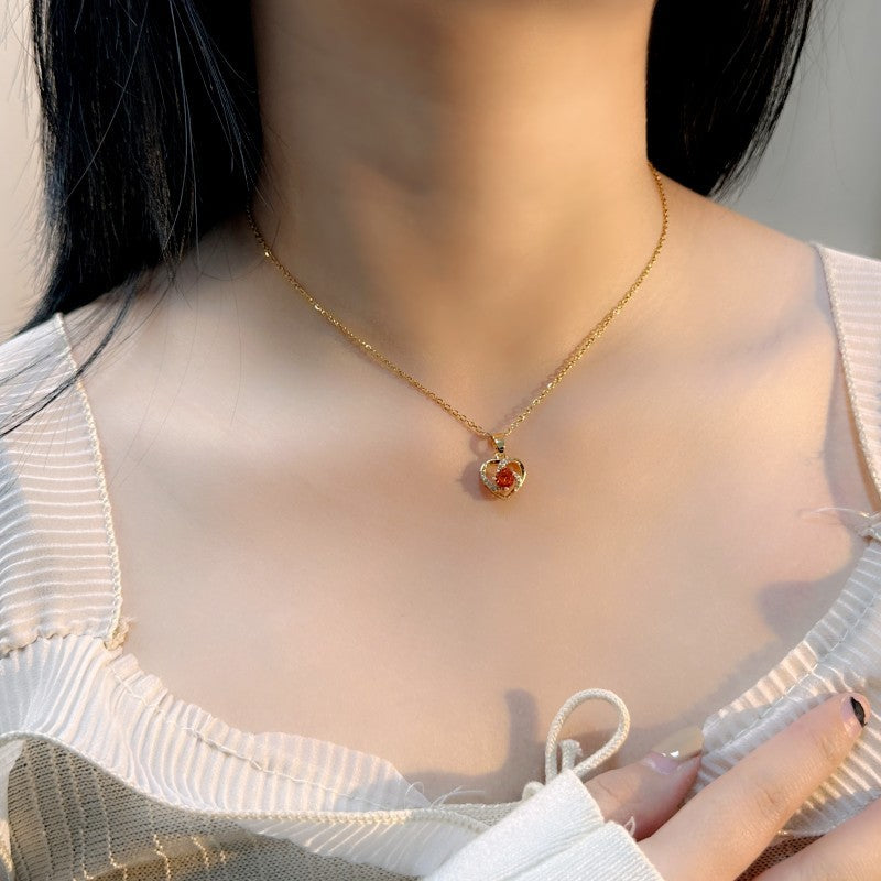 Women's Love Heart Necklace Titanium Steel Rhinestone Exquisite Accessory Hausofjb