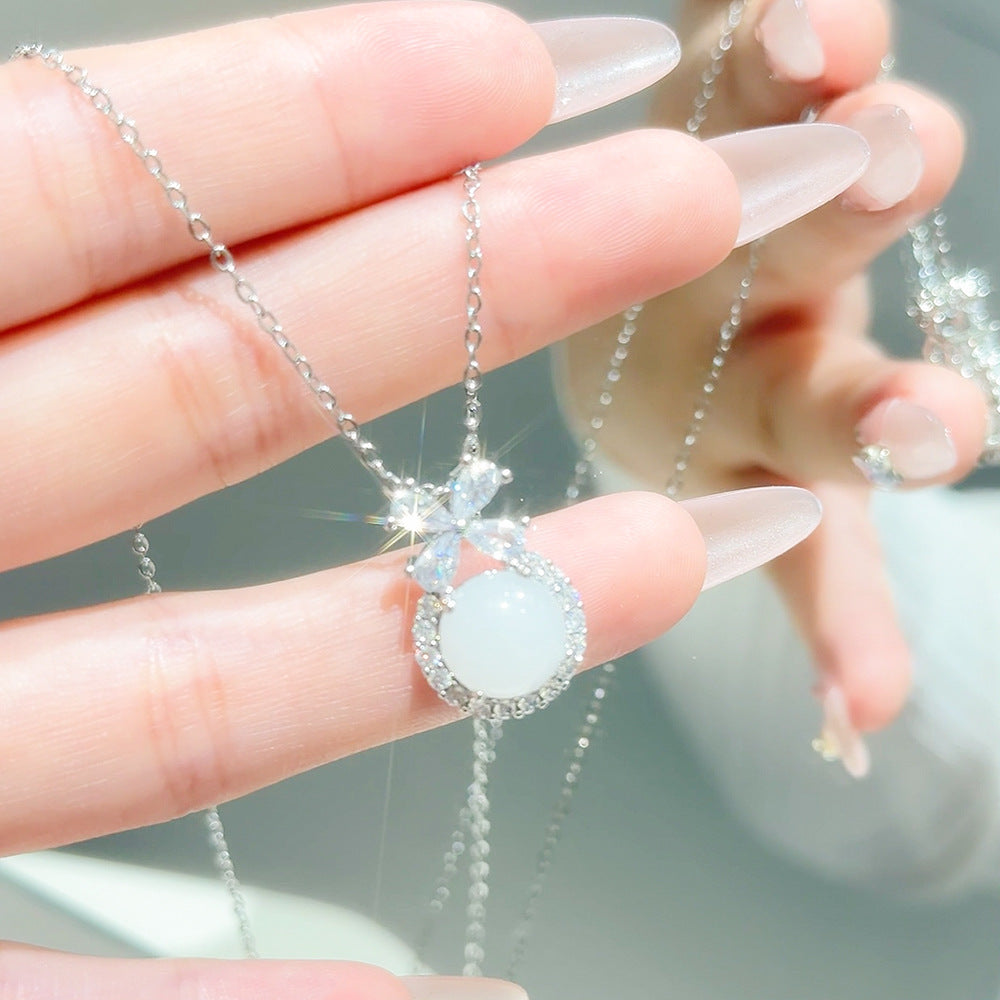 Women's White Chalcedony Titanium Steel Necklace Bow Design High Grade Classic Hausofjb