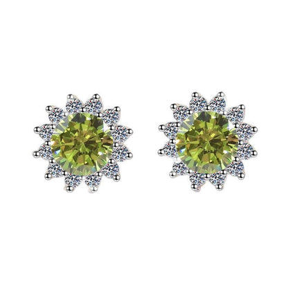 S925 Colorful Moissanite/CZ Sunflower Halo Stud Earrings, 12 Color 0.5ct D-Grade VVS Certificate, Hypoallergenic Sterling Silver Jewelry Gift