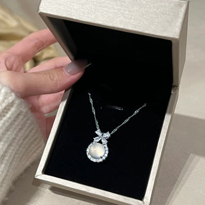 Women's White Chalcedony Titanium Steel Necklace Bow Design High Grade Classic Hausofjb
