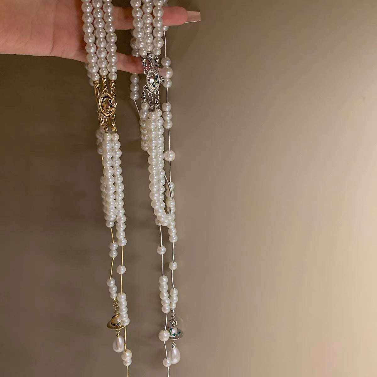 Light Luxury Imitation Pearl Tassel Starry Compass Saturn Necklace Hausofjb