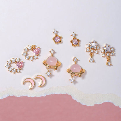 16 Pairs Pink Heart Stud Hoop Huggies Drop Earrings Set, 18K Gold Plated Stacking CZ & Pearl Designs, Planet Snowflake Moon Star | Cubic Zirconia