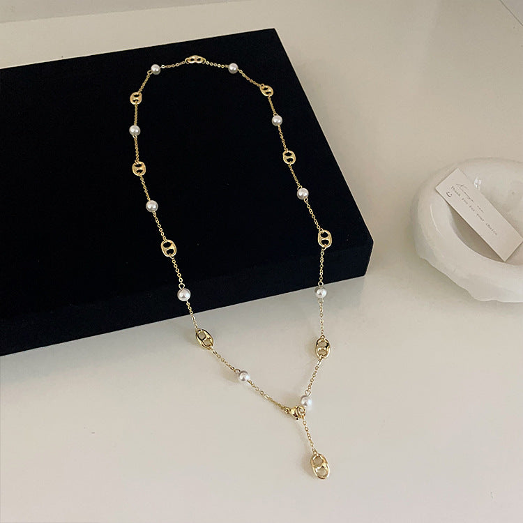 Womens Metal Pearl Design Necklace Niche Retro Minimalist Jewelry Hausofjb